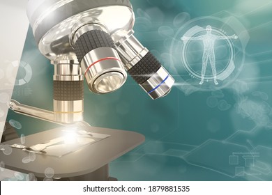 Medical Discovery Concept, Medical 3D Illustration Of Lab Hi-tech Scientific Microscope With Flare On Colorful Overlay Background