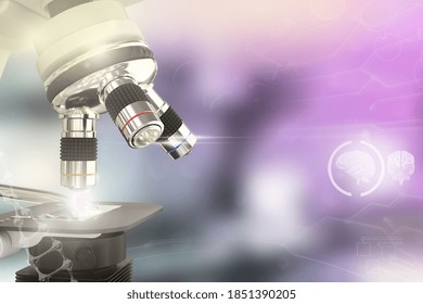 Medical Discovery Concept, Lab Electronic Scientific Microscope On Colorful Overlay Background - Medical 3D Illustration