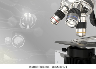 Medical Discovery Concept, Lab Electronic Scientific Microscope On Colorful Overlay Background - Medical 3D Illustration