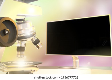 Medical Discovery Concept, Object 3D Illustration -  Laboratory Modern Microscope And Monitor With Blank Space For Your Content With Flare On Bokeh Background