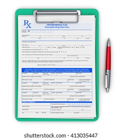 Medical Doctor Insurance And Healthcare Pharmaceutical Concept: 3D Render Illustration Of Green Clipboard Pad With Blue Prescription Medicine Drug Claim Form And Red Ballpoint Pen Isolated On White