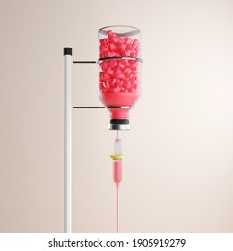 medical dropper with a solution in the form of pink hearts on an isolated background. "3D rendering"