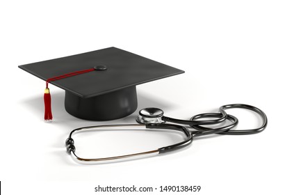 Medical education concept. Stethoscope and graduation cap. 3D rendering - 3D illustration. - Powered by Shutterstock