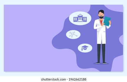 Medical Education Program Web Landing Page Template Raster. Doctor With Notepad Or Clipboard, Student Of Medicine Science In Robe. Graduation And Degree Receiving, Healthcare Industry Illustration