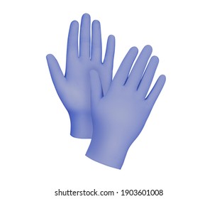 Medical Gloves.Two Purple Surgical Gloves Isolated On White Background With Hands. Rubber Glove Manufacturing, Human Hand Is Wearing A Latex Glove. Doctor Or Nurse Putting On Protective Gloves