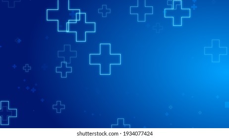 Medical Health Blue Cross Neon Light Shapes Pattern Background. Abstract Healthcare Technology And Science Concept.