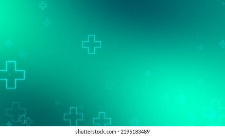 Medical Health Blue Green Cross Neon Light Shapes Pattern Background. Abstract Healthcare Technology And Science Concept.