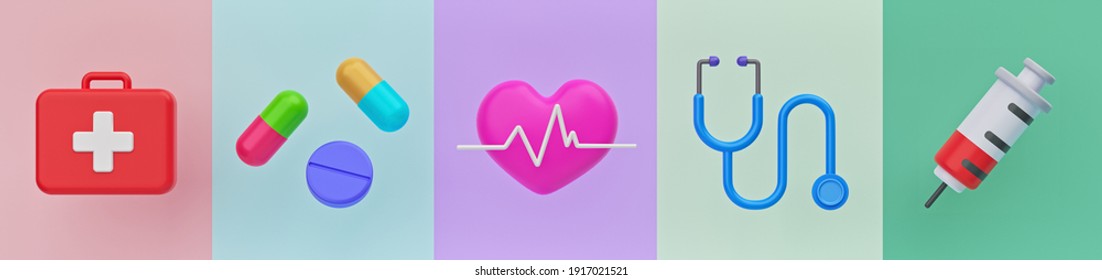 Medical And Health Care Icons Set. Minimal Objects Banner. 3d Rendering