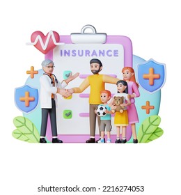 Medical Health Insurance With Happy Family And Doctor , 3d Character Illustration