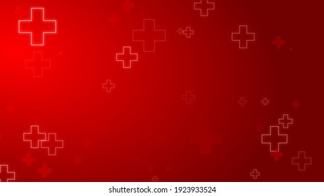 Medical Health Red Cross Neon Light Shapes Pattern Background. Abstract Healthcare With Emergency Concept.