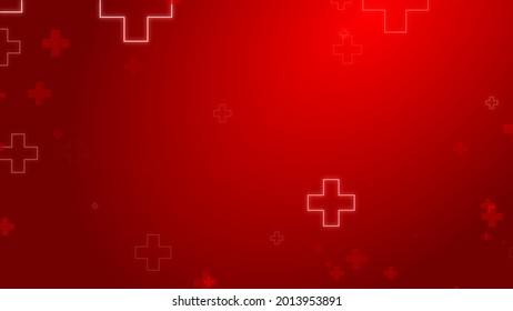 Medical Health Red Cross Neon Light Shapes Pattern Background. Abstract Healthcare With Emergency Concept.