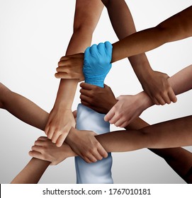 Medical Help Partnership And Community Essential Worker Support In A Diverse Society As A Doctor Or Nurse Hand Holding Patients In A 3D Illustration Style.