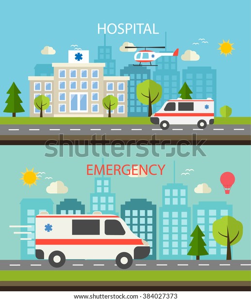 Medical horizontal web banner set with hospital\
building and emergency\
car