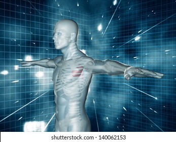 Medical human representation standing with arms raised on blue and black futuristic background