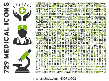 Medical Icon Clipart with 729 glyph icons. Style is bicolor eco green and gray flat icons isolated on a white background.