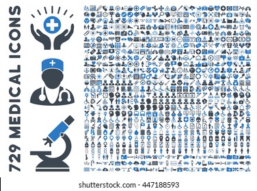 Medical Icon Collection with 729 glyph icons. Style is bicolor smooth blue flat icons isolated on a white background.