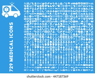 Medical Icon Set with 729 glyph icons. Style is white flat icons isolated on a blue background.