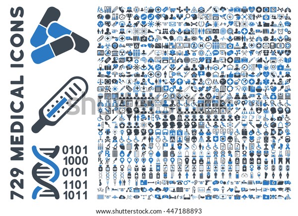 Medical Icon Set\
with 729 glyph icons. Style is bicolor smooth blue flat icons\
isolated on a white\
background.