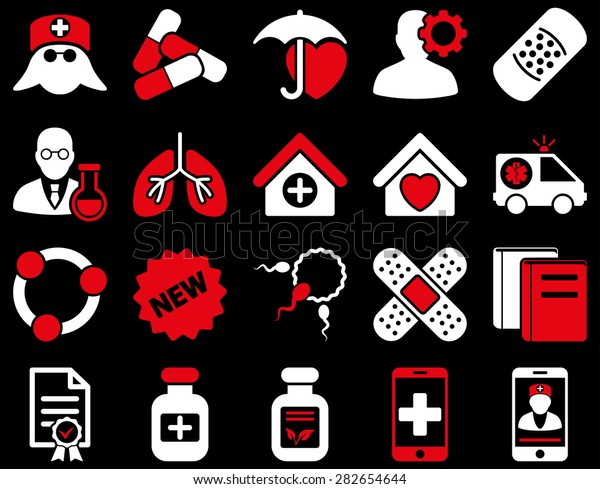 Medical icon set. Style: bicolor icons\
drawn with red and white colors on a black\
background.
