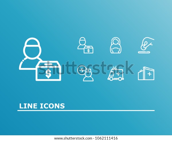 Medical icon set and medical\
volunteer with donate money, medical center and doctor cardiogram.\
First aid car related medical icon  items for web UI logo\
design.