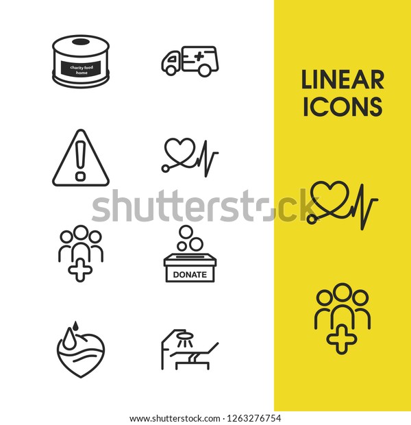 Medical icons set with\
donor holding, safety work and medical clinic elements. Set of\
medical icons and hospital care concept. Editable  elements for\
logo app UI\
design.