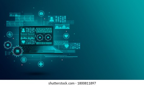 Medical Indicators Web Interface. Monitoring Medical Indicators Using Online Resources On A Laptop. Medical Technology Network. Medicine Technology Network Concept. Landing Page Banner. 