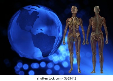 Medical Information Technology Blue Earth With Fiber Optics And Female Human Anatomy Muscle And Skeleton