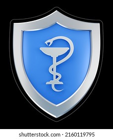 Medical Insurance Emblem. A symbol of the Hygieia Bowl in the center of a metallic shield, which are isolated on black background. 3D rendering graphics on the theme of Health Insurance.