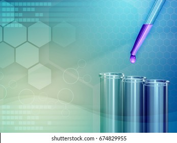 Medical Laboratory Background With Some Flasks And A Pipette. 3D Illustration.