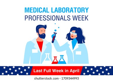 Medical Laboratory Professionals Week. RASTER Illustration. It Is Celebrated In The Last Full Week In April. Banner, Poster For Social Media. Male And Female Laboratory Technicians With A Test Tube.