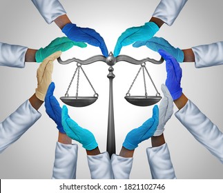 Medical Laws And Legal Medicine Or Malpractice Law As A Group Of Hospital Workers Or Doctor And Nurse Hands Holding A Justice Scale As A Health Legislation Symbol With 3D Illustration Elements.