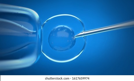 Medical Macro 3D Illustration Of A Stem Cell Injection. Needle Inserting Biological Material Through A Membrane Into A Cell. Genetic Engineering. 