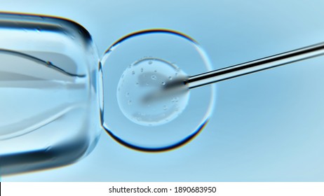 Medical macro 3D Render illustration of a stem cell injection. Needle inserting biological material through a membrane into a cell. Genetic Engineering. Ferilization concept.