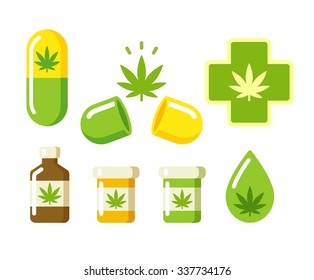 Medical Marijuana Icons: Pills, Rx Bottles And Other Medicinal Cannabis Symbols. Isolated Illustration.