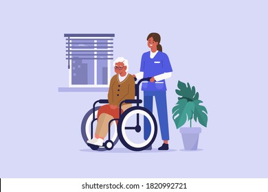 Medical Nurse in Nursing Home Helping Elderly Patient. Caregiver carry Wheelchair with Senior. Elderly Long Term Care Concept. Flat Cartoon Illustration. - Powered by Shutterstock