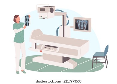 Medical Office Web Concept. Doctor Looking At X-ray Picture In Radiographic Examination Room. Medical Clinic Treatment. People Scenes Template. Illustration Of Characters In Flat Design