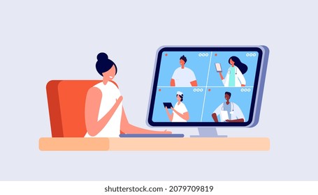 Medical Online Conference. Doctor Video Consult, Videocall Hospital Staff. Technology Healthcare Service, Telemedicine Illustration