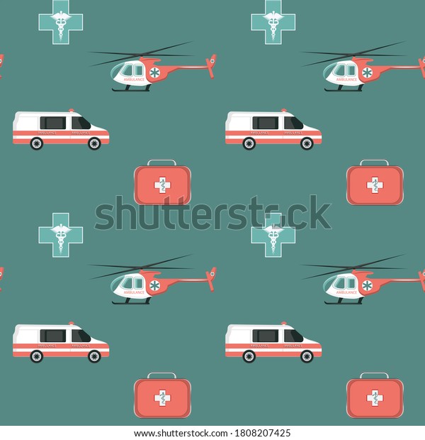 Medical pattern -\
helicopter, ambulance, first aid suitcase, cross and caduceus -\
green background\
