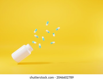 Medical pill or tablet and bottle on yellow background, Design template of virus capsule pills bounce off from bottle, Medical pharmacy and healthcare hospital concept, 3D rendering illustration