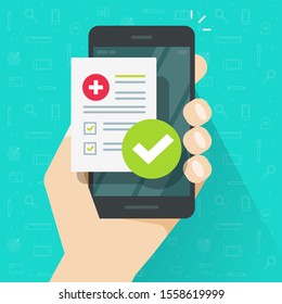 Medical Prescription Online Or Digital Medicine Test Results With Approved Check Mark Form On Person Hand Mobile Phone Illustration Flat Cartoon Modern Design, Cellphone With Clinic Checklist Image