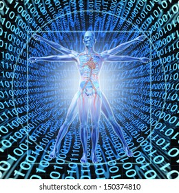 Medical Records Technology With A Vitruvian Man On A Background Of Digital Binary Code As A Health Care Symbol Of Electronic Data Storage At A Central Server Network For A Hospital Or Clinic.