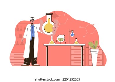 Medical Research Concept. Laboratory Assistant Conducts Tests In Flasks In Lab Situation. Drug Development People Scene. Illustration With Flat Character Design For Website And Mobile Site