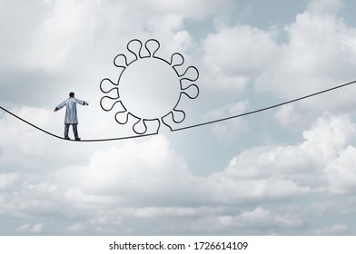 Medical Research Risk As A Doctor Or Researcher Scientist Walking On A Tight Rope High Wire Shaped As A Virus Disease Cell As A Health Care And Medicine Concept In A 3D Illustration Style.