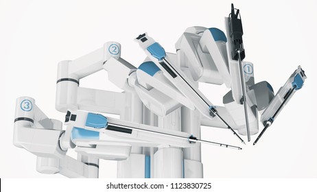 Medical Robot Surgery. Modern Medical Technologies. Robotic Arm Isolated On White Background. 3D Rendering