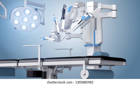 Medical Robot Surgery. Modern Medical Technologies. Robotic Arm Isolated On Blue Background. 3D Rendering