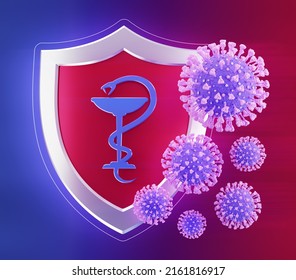 Medical Safety via Antiviral Medications. A shield with a symbol of the Hygieia Bowl, which withstanding to viruses against a gradient background. 3D rendering graphics on the theme of Healthcare.