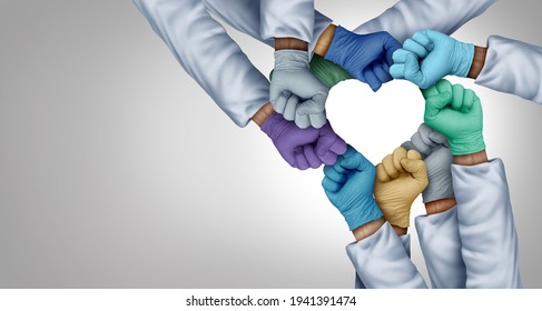 Medical staff unity and doctors working together and medical teamwork or health workers and global healthcare unity as a group of diverse medics as a heart shape in a 3D illustration style. - Powered by Shutterstock