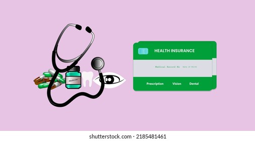 Medical Stethoscope With Capsules, Medicine Bottle, Dental And Eye Icon. Health Insurance Card For Expense Of Medical Care Cost. Illustration Of Dental Vision And Prescription Insurance Concept