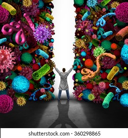 Medical Success Concept As A Doctor Or Physician Opening A Wall Made Of Virus Bacteria And Cancer Disease Cells As Health Care Symbol For Medication Treatmnt And Cure Or Scientific Breakthrough.