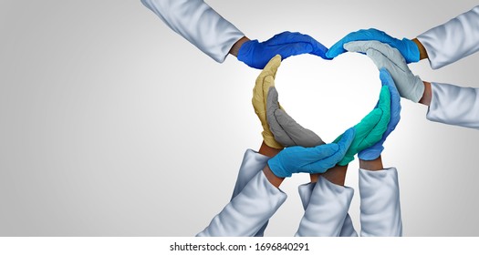 Medical teamwork and doctors unity and global health care partnership as doctor hands in a group of diverse medics connected together shaped as a heart symbol in a 3D illustration style.
